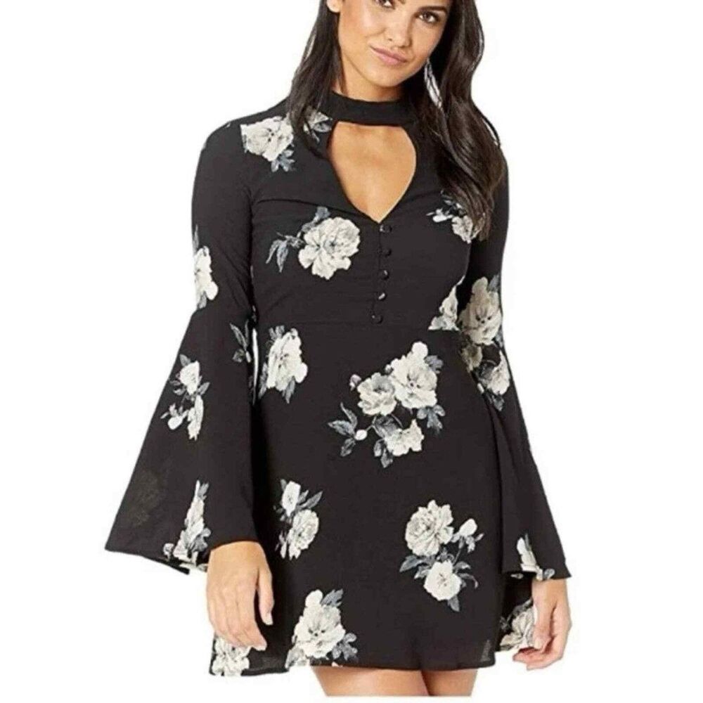 Socialite Harper Floral Bell Sleeve Dress S Black Choker Cutout Whimsigoth